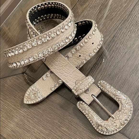 Reptile Embossed Leather Rhinestone Western Belt White Light Grey - SM main image 14